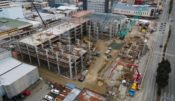 A building construction site in a city setting