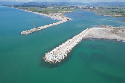 A birds eye view of a harbour,