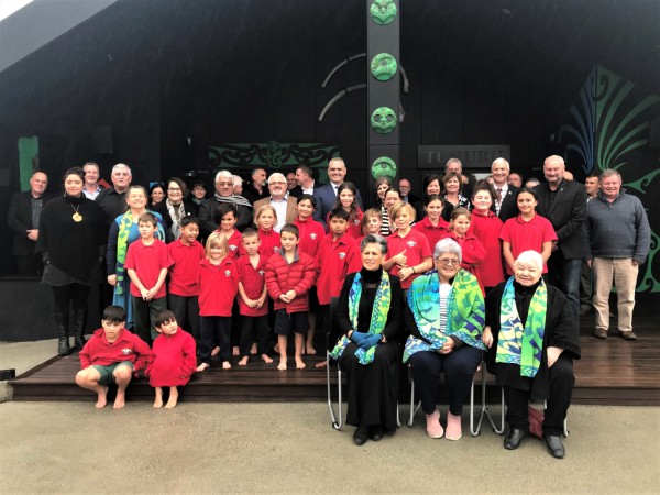 Pōwhiri group at Arahura Marae, Hokitika for the Pounamu Pathway announcement.