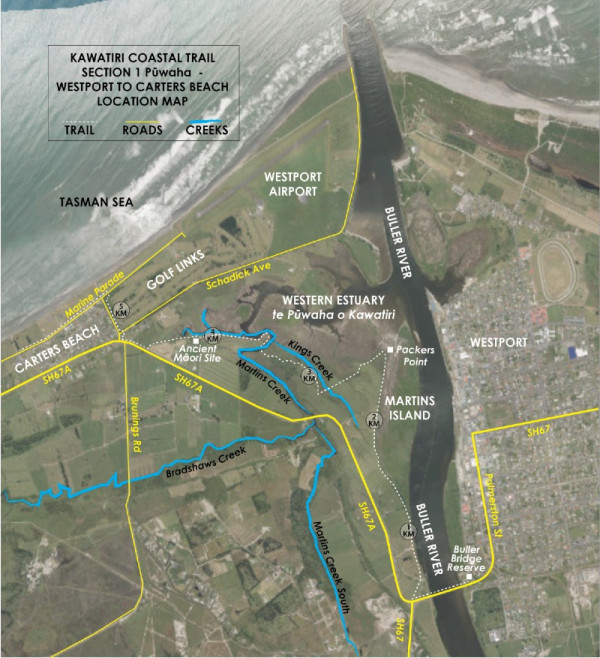 A colour satellite map image showing roads, creeks and the trail of the Kawatiri Coastal Trail.