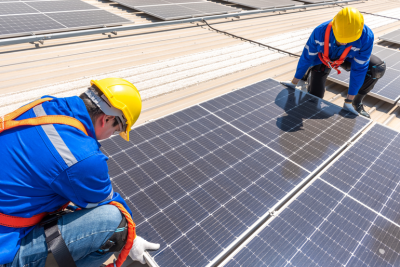 Two workers wearing safety gear installing solar panels on a roof.