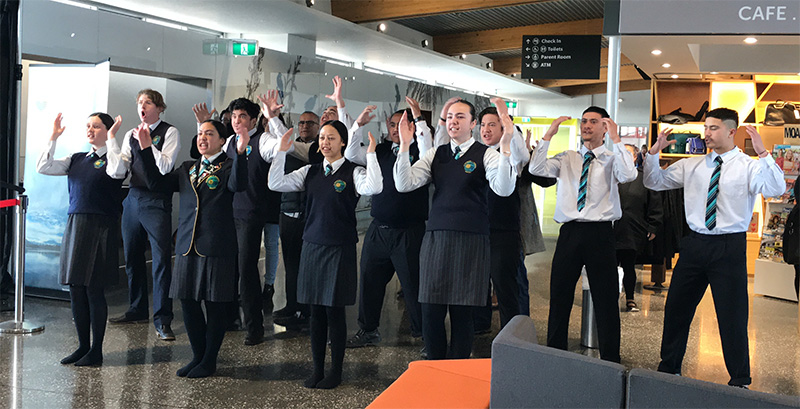 Te Wharekura o Arowhenua perform a welcome at Invercargill Airport.