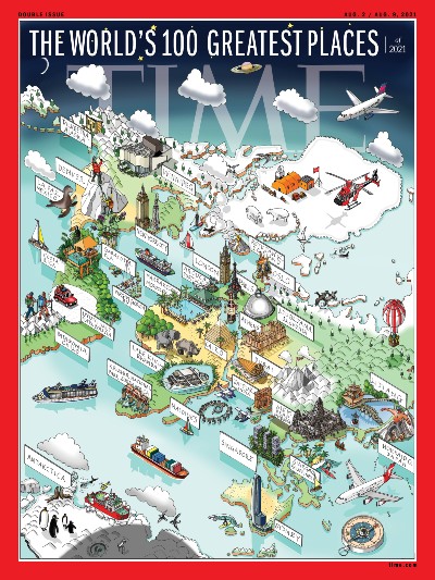 The cover of TIME magazine showing a comic illustration of places on their World's greatest places list.
