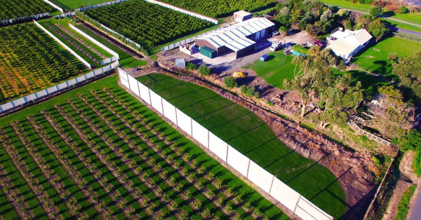 Bird's eye view of a building surrounded by large green sections of crops